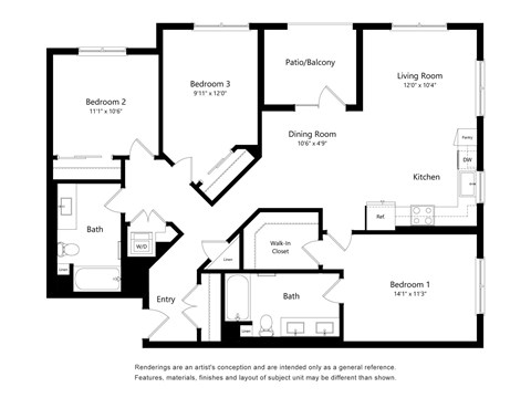 Floor plan for 3 beds, 2 baths, 1388 sqft